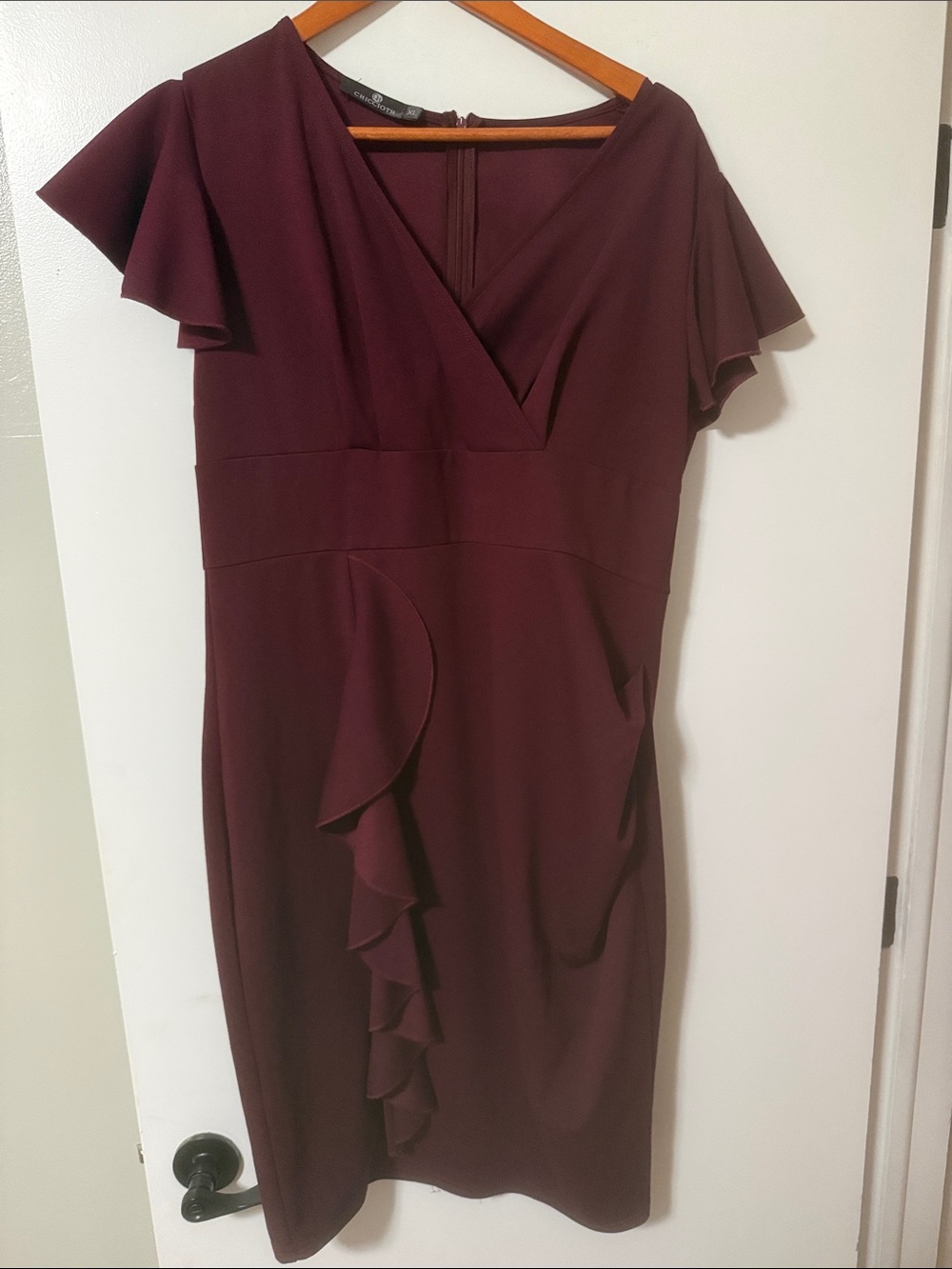 Women's Burgundy V-Neck Ruffle Midi Dress